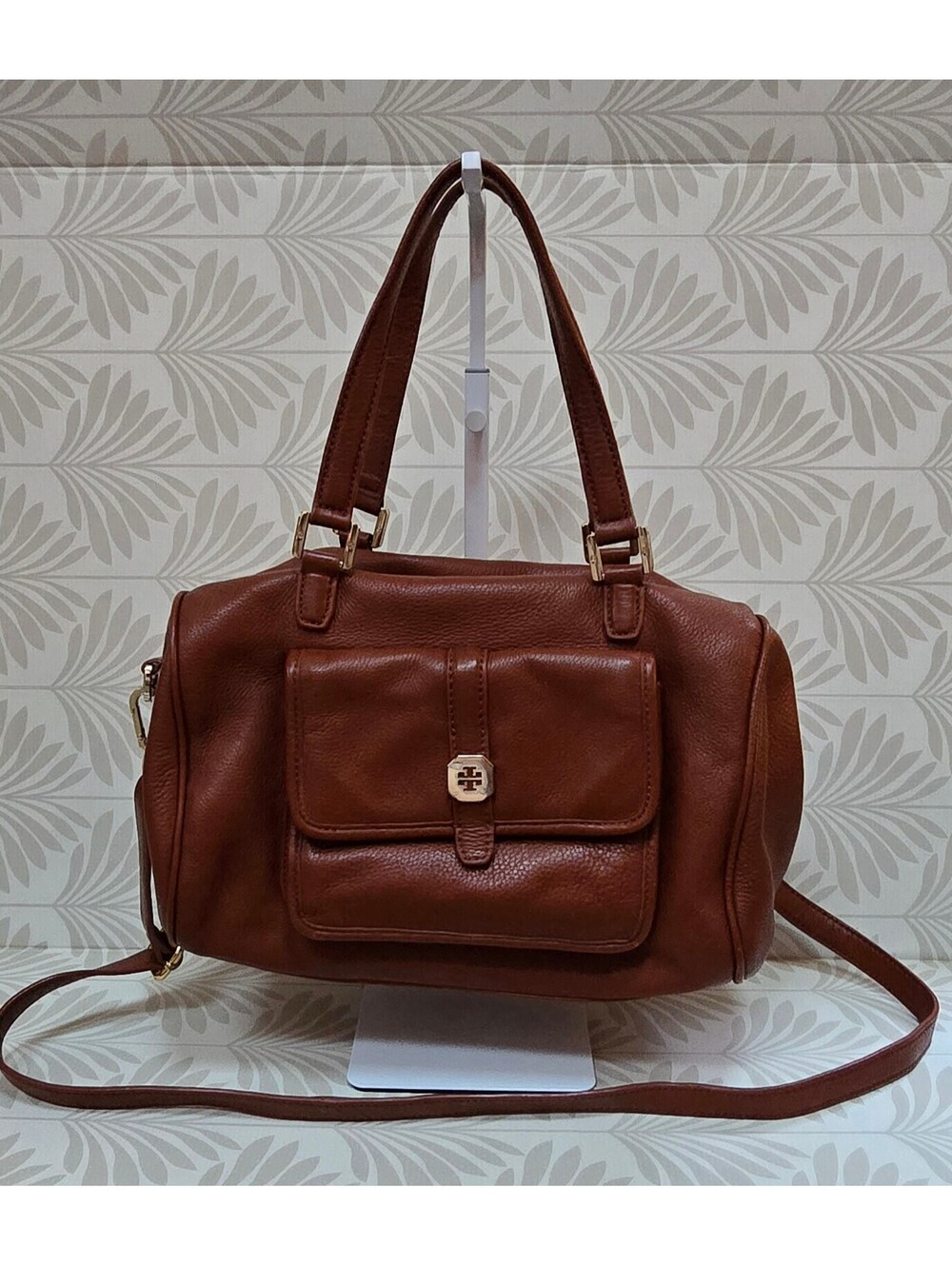 Tory Burch Brown Pebbled Leather Satchel Shoulder Bag Crossbody Gold Hardware